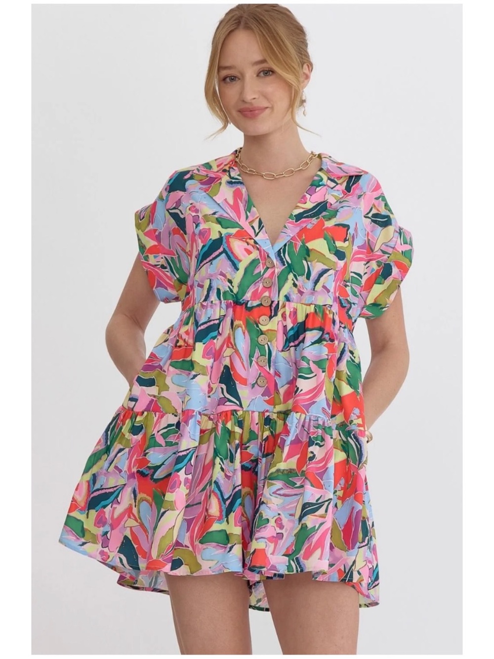 Entro Women’s Sz M Multicolor Tiered Mini Dress Button Front Romper